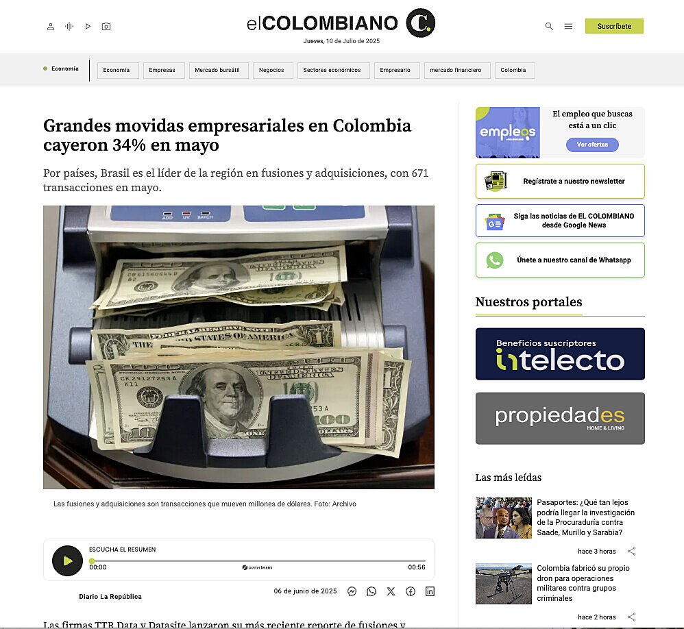Grandes movidas empresariales en Colombia cayeron 34% en mayo